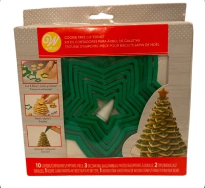 Wilton Cookie Cutter Christmas Tree Kit-10 Cutters, 2 Tips, 3 Bags NEW