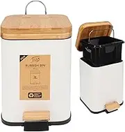 Eco Basics Rubbish Square Bin 3L, White - Compact Bin with Recycled Plastic, Bamboo Lid & Pedal, Soft Close Quiet Operation, Space-Saving Design for Toilets, Living Rooms, & Small Spaces, 24x22x16cm