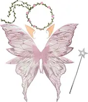 Snycler Fairy Wings for Adults and Girls, Fairy Costume Set with Floral Garland Wand & Elf Ears Butterfly Wings – Ideal for Cosplay, Party, Pink