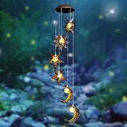Tryme Solar Wind Chimes with Sun Moon Star Solar Powered Wind Chimes Warm LED Windchimes Hanging Outdoor Lights Unique Decor Gifts for Wife Mom Grandma Neighbors