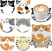 SOEWIOU 6 Pcs Cat Diamond Painting Coasters Kit with Holder – DIY Craft Kit for Adults, Fun Diamond Art for Home Décor & Drink Coasters