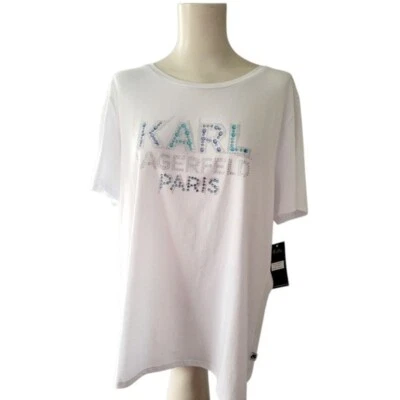 Karl Lagerfeld Sparkle Women's Tee Shirt Graphic Tee Blue and White Rhinestones