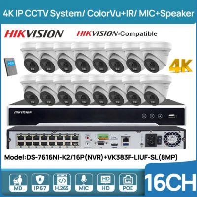 Hikvision 16CH 4K 12MP CCTV System 8MP OEM IP Camera ColorVu IR MIC Speaker POE