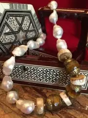 Baroque Pearl Necklace with Vintage Tiger Eye & Rare Sacred Tibetan Conch Shell
