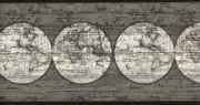 Antique Black White World Map Vintage Globes on Gray Wallpaper Border Wall Decor