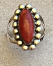 Natural Red Coral Split Shank Ring size 10 in 925 Sterling Silver