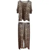 Women Leopard Print Short Sleeve Top and Wide Flared Legging Trouser Tracksuit
