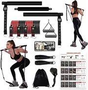Ultimate Pilates bar kit.Multiple Fitness bar with Resistance Bands , Ab Rollers. Core Strength Training Equipment. Squat Machine for Men and Women. Portable Home Gym