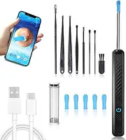 Ear Wax Removal, 8 Pcs Earwax Remover Tool Set, Rechargeable Ear Cleaner with Camera & Light, 6 Ear Pick, 1080P Ear Cleaning Kit for iOS & Android (Black)