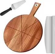 TJ POP Pizza Peel 12 Inch with Pizza Cutter & Shovel Spatula, Acacia Wood Pizza Paddle Serving Board, Wooden Round Cutting Board with Handle for Cheese, Bread and Charcuterie, Reversible Wooden Tray