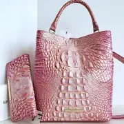 Brahmin Amelia Bucket Peony Ombre Leather Shoulder Bag + Wallet NWT***HTF