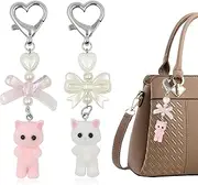 [ACOSIY] 2Pcs Cat Keychain, Pink and White Cute Keychains, Purse Charms with Heart Bow Accessories, Fuzzy Cat Decor Gifts Cat Lovers