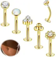 [Vegolita] 14G 5Pcs Surgical Steel Floating Belly Ring for Women Flat Back Petite Belly Button Ring Convex Base CZ Navel Ring Internally Threaded Curved Barbell Belly Piercing Jewelry 8/10/12/14mm