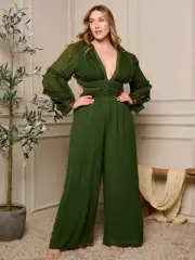 Womens Plus Size Forest Green Jumpsuit 3X Lace Accent Swiss Dot Lined