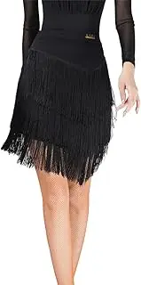 [Generic] Women's Latin Salsa Dance Skirt Hi-Lo Fishbone Ruffle Swing Skirt Ballroom Fringe Dancing Skirts with Shorts