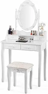 Costway Dressing Table Stool Set, Makeup Vanity Set w/Rotating Mirror w/10 LED Dimmable Bulbs, Touch Switch, 4 Drawers & 2 Dividers, Modern Bedroom Makeup Table with Cushioned Stool for Women Girls