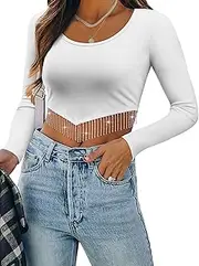 [ZXZY] Women Soft Ribbed Sparkly Rhinestone Fringe Long Sleeve Crop Top Cropped T Shirts