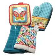 Kitchen Towels Oven-Mitt Potholder Turquoise Butterfly Bee Geometric 4pc New Lot