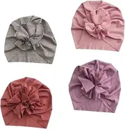 [Ipetboom] 4Pcs Creative Printing Hat with Bow Flower Design Elastic Turban Beanie for Breathable and Stylish for Comfort Random Colours for Years