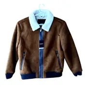 DKNY Faux Shearling Suede Bomber Jacket Mens XL Brown Lined Zip New