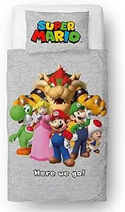 Character World Nintendo Super Mario Official Single Duvet Cover Set, Here We Go Design | Reversible 2 Sided Bedding Merchandise Including Matching Pillow Case Single Bed Set Polycotton