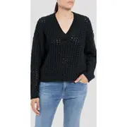Replay Womens Cable Knitwear V-Neck Chenille Knit Jumper Black