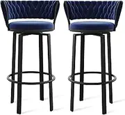 Luxury Barstool 360 ° Swivel Height Bar Stools Set of 1/2/3/4, Open-Back Velvet Barstools with Woven Back and Gold/Black Footrest, Dining Chairs for Kitchen Island Pub,Blue Black Leg,2 PCS