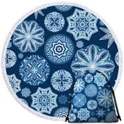 Sparkling Blue Snowflakes Mandalas Round Beach Towel