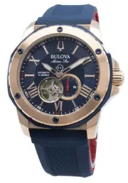 Bulova Marine Star Blue Skeleton Dial Automatic Analog 98A227 200M Mens Watch