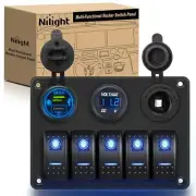 Nilight 5 Gang Rocker Switch Panel Pre-Wired Aluminum Panel with PD Type C USB