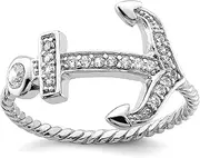[JewelryWeb] 925 Sterling Silver Solid Polished and Textured CZ Simulated Diamond Nautical Ship Mariner Anchor Ring Band Style-Ring for Women
