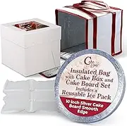 Cakebon Cake Box and Cake Boards, 10 Inches Round Silver Smooth Edge Cake Drums 1/2 Inch Thick Combo with Insulated Bag for Cakes and Ice Packs for Coolers (1-Pack)