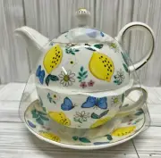 Grace Teaware China Tea for 1 Teapot Cup & Saucer Rose White Floral Lemons New