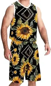 [KQNZT] Basketball Jersey and Shorts, Jersey Shorts Outfit Set, Men's Athletic Basketball Jersey, Sunflower Geometric Pattern Modern