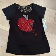 Disney Couture Womens Black Short-Sleeve Sequin shirt Red Apple Lace NEW