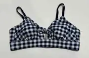 Women's Tie Front Gingham Bralette Bikini Top - Navy Gingham M