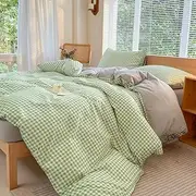 Sage Green Gingham Duvet Cover Set Twin, Grid Simple Geometric Square Pattern Comforter Cover,Soft Plaid Washed Microfiber Bedding Cover(2PCS,Twin)