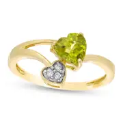 6.0mm Heart-Shaped Peridot and Natural Diamond Accent Double Heart Bypass Ring in Solid 10K Yellow Gold