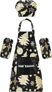 AIXIWAWA Kids Apron Chef Hat Set, Child Kitchen Bib Aprons Adjustable for Cooking Baking Painting (Golden Christmas Tree)