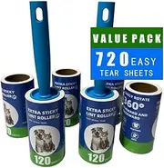 Extra Sticky Lint Roller Mega Value Pack, 720 Tear Sheets (6 Rolls with 2 Handles) for Pet Hair Removal
