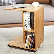 Bamboo C-Shaped Side Table with Shelves, Small Table with Castors for Working, Eating from Couch, Sofa Side Table with Wheels, TV Tray Table with Storage Shelf for Books, Decor