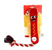 HAPPY HOT DOG SHAPED SQUEAKER PLUSH DOG TOY WITH TWISTED ROPE TAIL. ADORABLE!