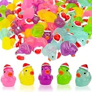 50Pcs Christmas Mini Ducks Miniature, 5Colors Luminous Ducks Figurines wtih Christmas Hat, Figures Ornament for Micro Landscape Dollhouse Miniature Statue Landscape Craft Cake Topper
