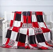 Tache Holiday Red Farmhouse Super Soft Micro Fleece Plaid Patchwork Plush Lightweight Dual-Sided Decorative Couch, Sofa, Travel, Lap, Bed Throw Blanket, 63x87, Twin Size