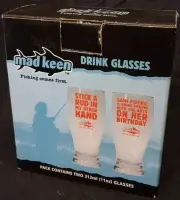 2 x mad keen fishing comes first glasses 312 ml new with Box