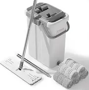 JOYMOOP Mop and Bucket Set with Wringer, Dust Mops for Floor Cleaning, Wall Cleaner with Long Handle, Microfiber Mop - White Bucket with 5 Reusable 15" Microfiber Pads