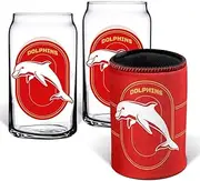 Dolphins NRL Set of 2 Can Shaped Glasses and Can Cooler Gift Set