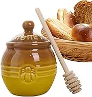 Ceramic Honey Dispenser - Honey Container Made of Ceramic, Vintage Honey Pot with Wooden Spoon and Lid, Stylish Honey Jar for Kitchen & Breakfast Table, Decorative Honey Dispenser for Home & Cafe