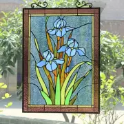 Antique Vintage Style 25" Iris Stained Glass Window Hanging Panel Suncatcher