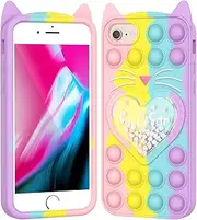 Asgens Fidget Pop Case for iPhone 6/6S/7/8/SE 2020, Cute Cartoon Lucky Cat Quicksand Bling Stars Push Bubbles Shockproof Silicone Soft Phone Case for Apple iPhone 6/6S/7/8/SE 2020 4.7 inch